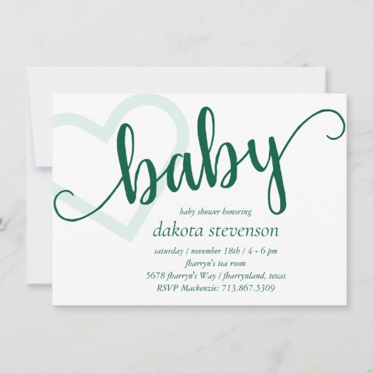 Baby Heart | Hunter Green Simple Blüh Script Einladung (Vorderseite)