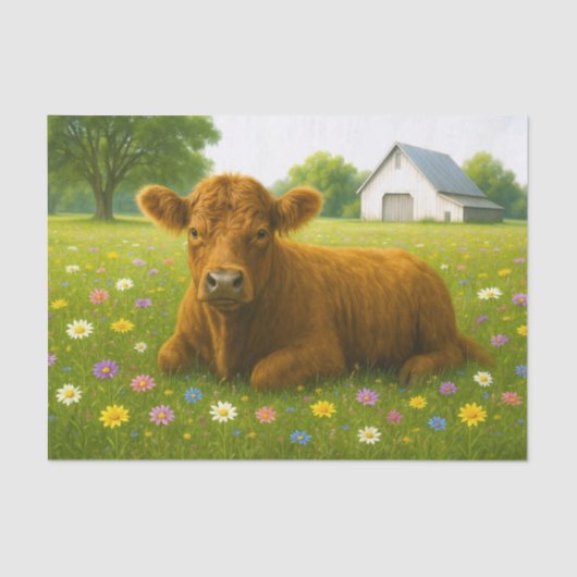 Baby Highland Cow in Pasture of Flowers Seidenpapier (Vorderseite)
