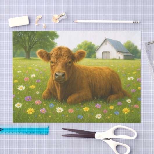 Baby Highland Cow in Pasture of Flowers Seidenpapier (Handwerk)