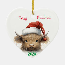 Baby Highland Cow mit Weihnachtsmannmütze Keramik Ornament