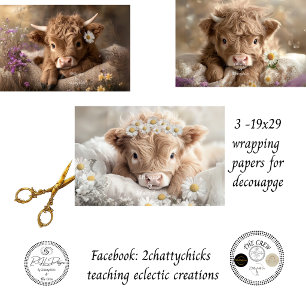 Baby Highland Kälber Florale Gänseblümchen 3-2x19  Geschenkpapier Set