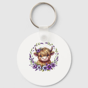 Baby Highland Kuh mit violetten Blumen Schottische Schlüsselanhänger