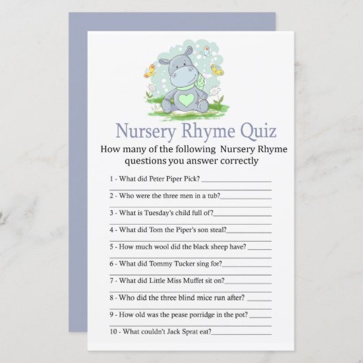 Baby Hippo Kinderzimmer Rhyme Quiz Babyduschenspie (Vorne/Hinten)