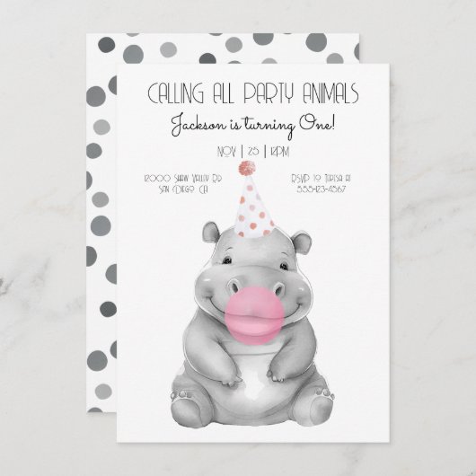 Baby hippo schwarz-weiß Geburtstag Einladung (Vorne/Hinten)