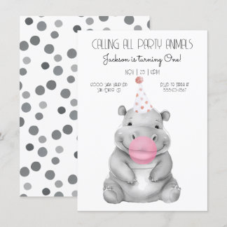 Baby hippo schwarz-weiß Geburtstag Einladung