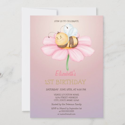 Baby Honey Bee Glitzer Birthday Einladung (Vorderseite)