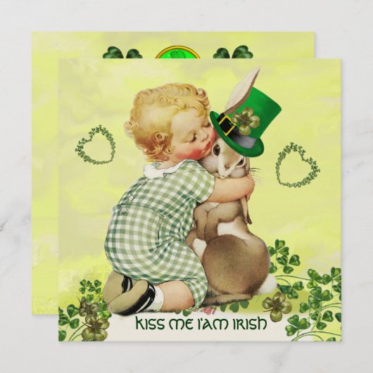 BABY HUGGING RABBIT IRISH ST. PATRICK'S DAY PARTY EINLADUNG (Vorne/Hinten)