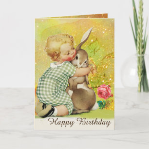 BABY HUGGING RABBIT, Rosa Rosen, Gelber Geburtstag Feiertagskarte