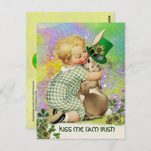 BABY HUGGING RABBIT St. Patrick's Day Kleeblatts Postkarte (Vorne/Hinten)