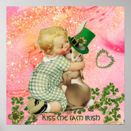 BABY HUGGING RABBIT St.Patrick's Day, Pink Floral Poster