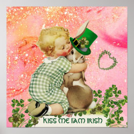 BABY HUGGING RABBIT St.Patrick's Day, Pink Floral Poster