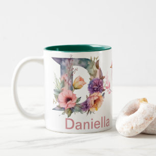 Baby Hund Foto Name Letter D Floral Monogram Bird Zweifarbige Tasse
