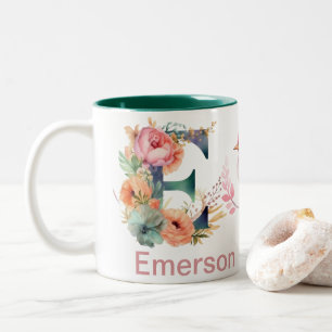 Baby Hund Foto Name Letter E Floral Monogram Bird Zweifarbige Tasse