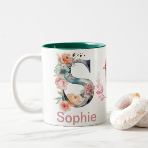 Baby Hund Foto Name Letter S Floral Monogram Bird Zweifarbige Tasse