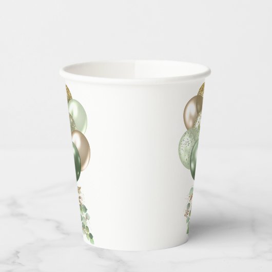 Baby im Blut | Ballon und Eucalyptus Baby Showroom Pappbecher (Links)