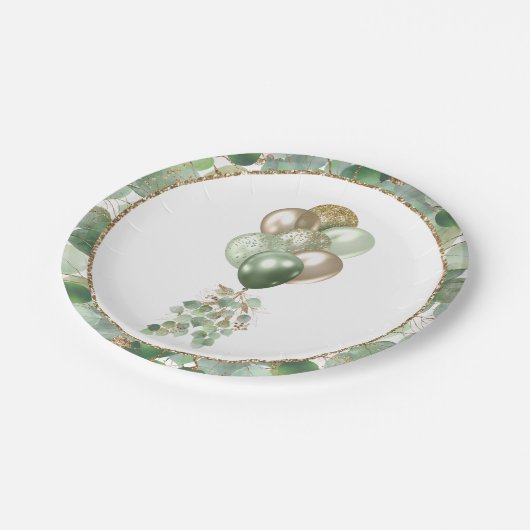 Baby im Blut | Ballon und Eucalyptus Baby Showroom Pappteller (Schrägansicht)