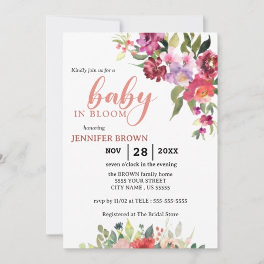 Baby im Blut | Rosa Blütendusche Einladung (Vorderseite)