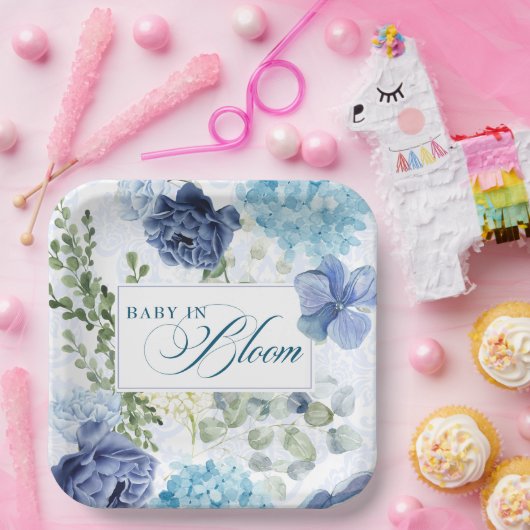 Baby in blauen blühenden Chinoiserie Babydusche Pappteller (Party)