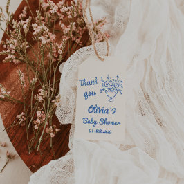 Baby in blauer Hand gezogenes Blumenbaby-Dusche Geschenkanhänger