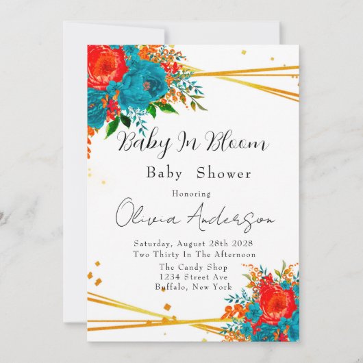 Baby in Bloom Aquamarin Orange Babydusche Einladung (Vorderseite)