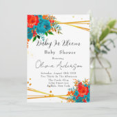 Baby in Bloom Aquamarin Orange Babydusche Einladung (Stehend Vorderseite)