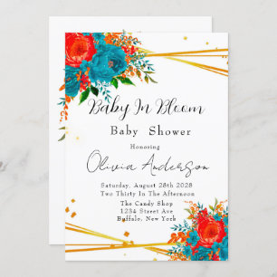 Baby in Bloom Aquamarin Orange Babydusche Einladung