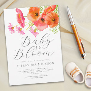 Baby In Bloom Aquarell Orange Rosa Blumen Einladung