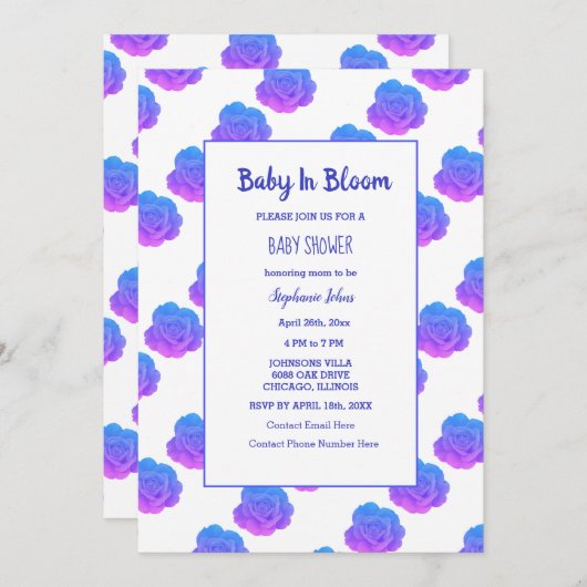 Baby in Bloom Baby Dusche Blau Lila rosa Niedlich Einladung (Vorne/Hinten)