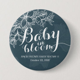 Baby in Bloom Baby Dusche Blue White Floral Frame Button