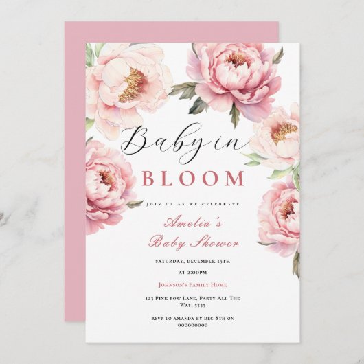 Baby in Bloom Baby Dusche Elegante Rosa Peonies Einladung (Vorne/Hinten)