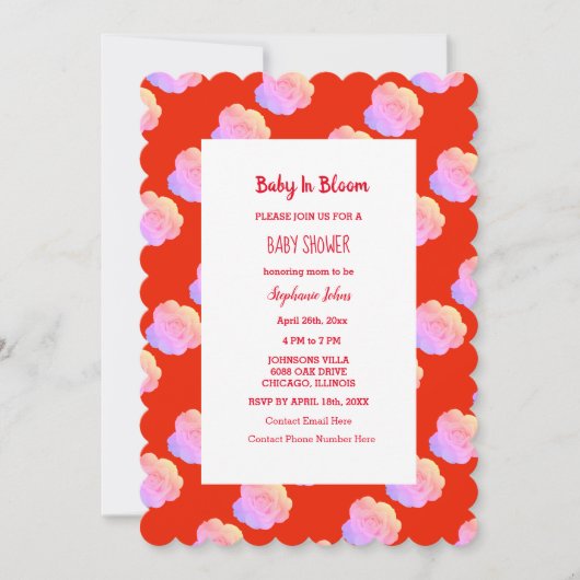 Baby in Bloom Baby Dusche Red Pink farbenfroh Boho Einladung (Vorderseite)