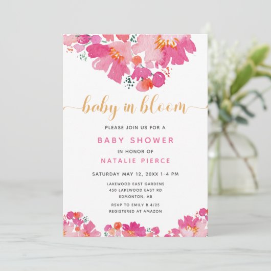Baby in Bloom Baby Dusche Rosa Blumenwasser Farbe  Einladung (Stehend Vorderseite)