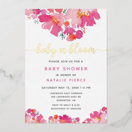 Baby in Bloom Baby Dusche Rosa Blumenwasser Farbe Folieneinladung (Vorderseite)