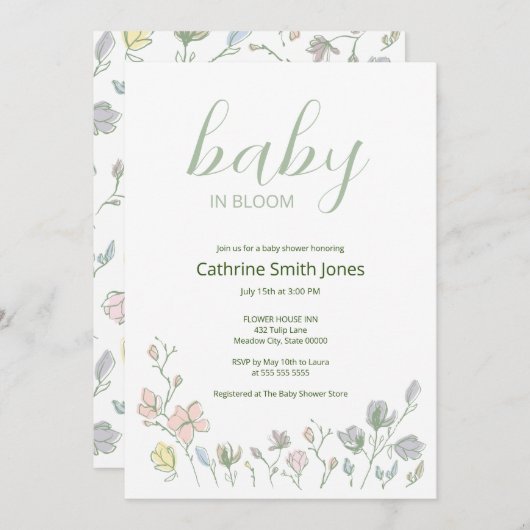 Baby in Bloom Baby Duwer Gender Neutral Einladung (Vorne/Hinten)