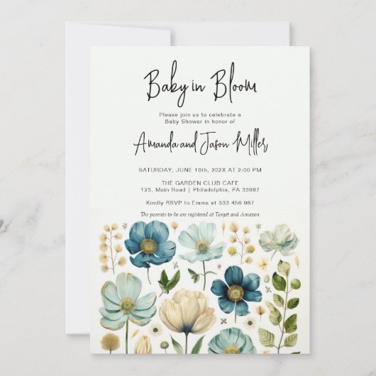 Baby in Bloom Baby Shower Blue Boy Blume Save The Date (Vorderseite)