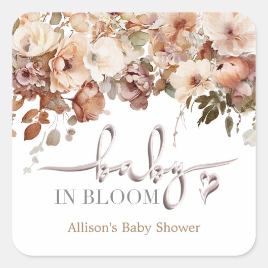 Baby in Bloom Baby Shower Quadratischer Aufkleber (Vorderseite)