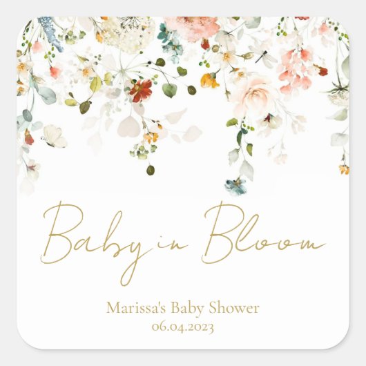 Baby in Bloom Baby Shower Quadratischer Aufkleber (Vorderseite)
