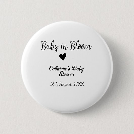 Baby in bloom baby shower simple black heart date button (Vorderseite)