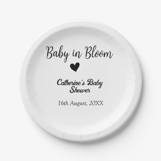 Baby in bloom baby shower simple black heart date pappteller (Vorderseite)