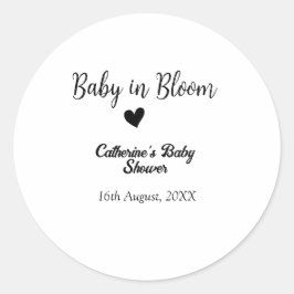 Baby in bloom baby shower simple black heart date runder aufkleber