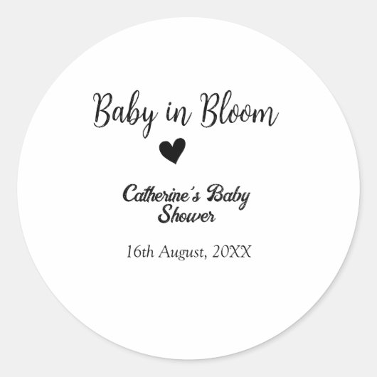Baby in bloom baby shower simple black heart date runder aufkleber (Vorderseite)