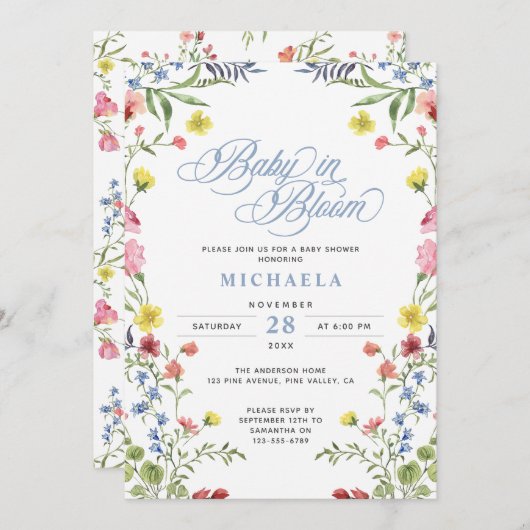 Baby in Bloom Babydusche Aquarellblüte Einladung (Vorne/Hinten)