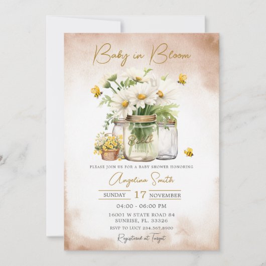 Baby in Bloom Bee Daisy Blume Babydusche Einladung (Vorderseite)