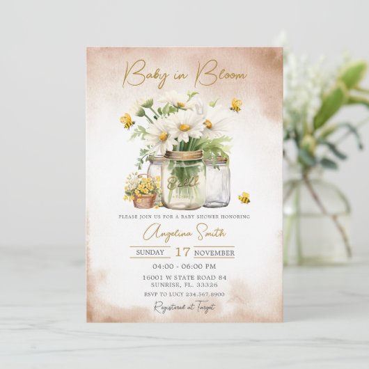 Baby in Bloom Bee Daisy Blume Babydusche Einladung (Stehend Vorderseite)