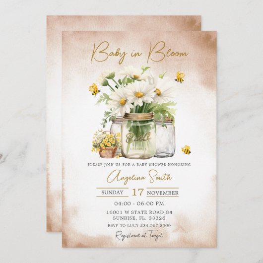 Baby in Bloom Bee Daisy Blume Babydusche Einladung (Vorne/Hinten)