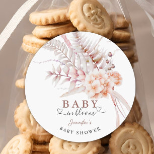 Baby in Bloom   Beige Spring Floral Baby Dusche Runder Aufkleber