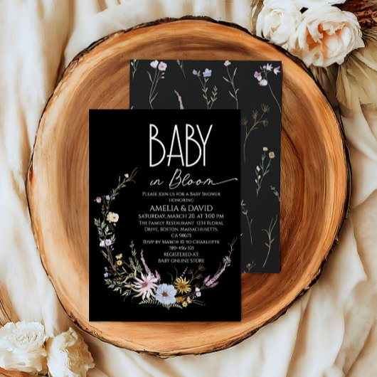 Baby in Bloom Black Wildblume Babydusche Einladung