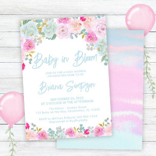 Baby in Bloom Blau Rosa Pfirsich Floral Baby Showe Einladung