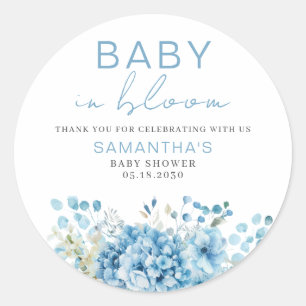 Baby In Bloom Blaue Blumige Jungen-Baby-Party Runder Aufkleber