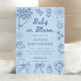 Baby in Bloom Blaue Handgezeichnete Babyparty für  Einladung